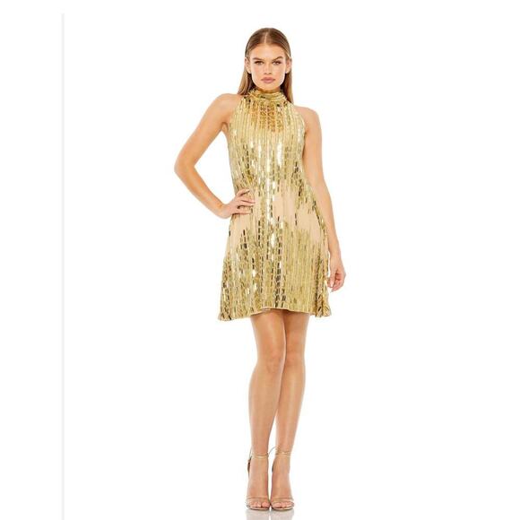 Mac Duggal High Neck Sleeveless Sequin Swing Mini Dress Nude Gold Size M NWT - Picture 2 of 13